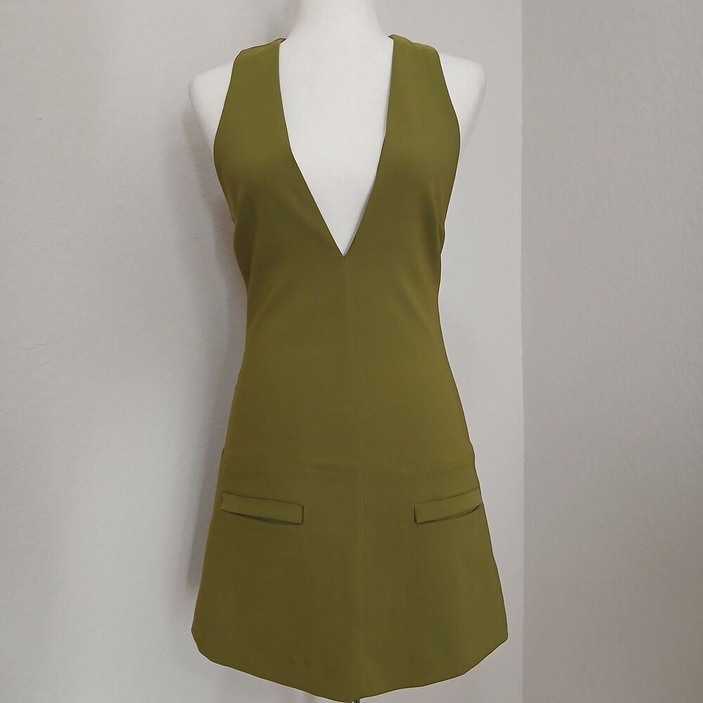 ZARA Olive Green Plunge Mini Dress Small V Neck Dressy Going Out City #1045